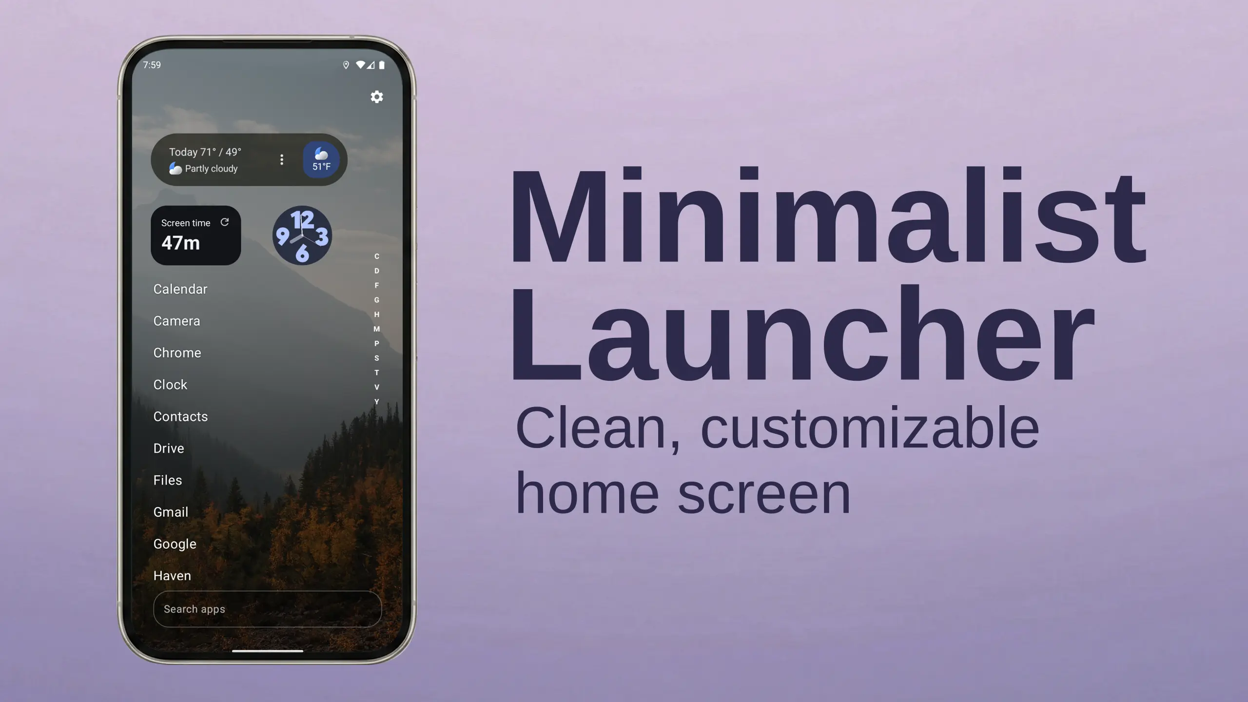 Haven’s minimalist Android home screen with a simple app list and screen-time widget.
