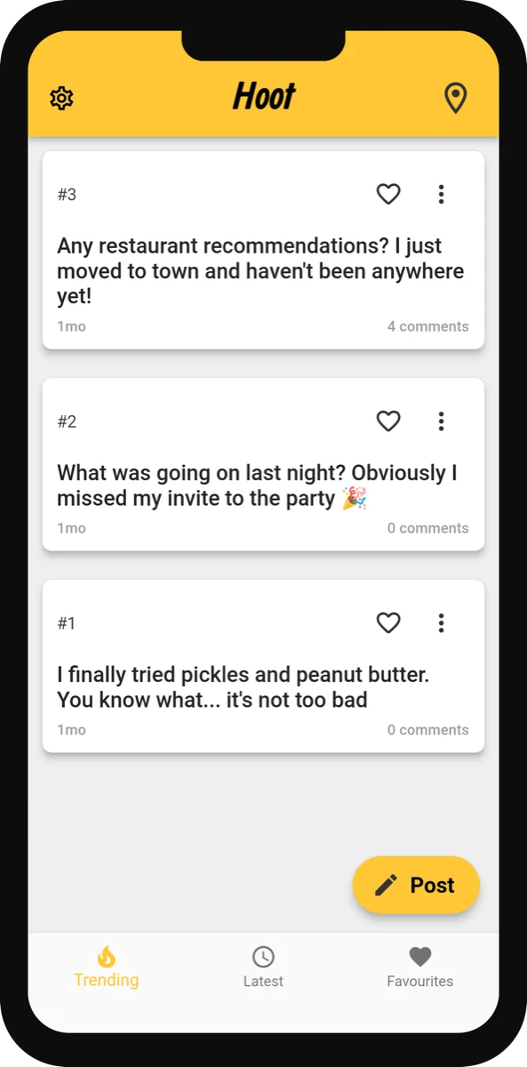 Hoot’s mobile community feed, showing neighbourhood conversations.