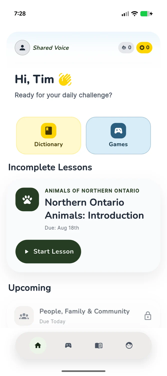 Shared Voice’s learning screen with dictionary, games, and Northern Ontario animal lessons.
