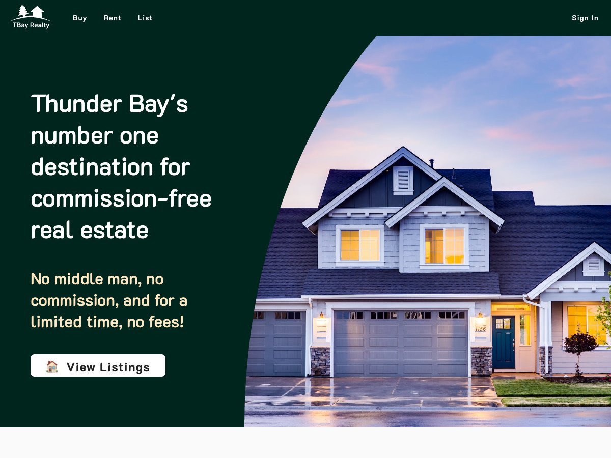 Tbay Realty’s website showing commission-free real estate and local property listings.